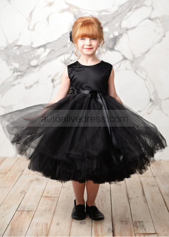 Black Satin Tulle V Back Pretty Flower Girl Dress